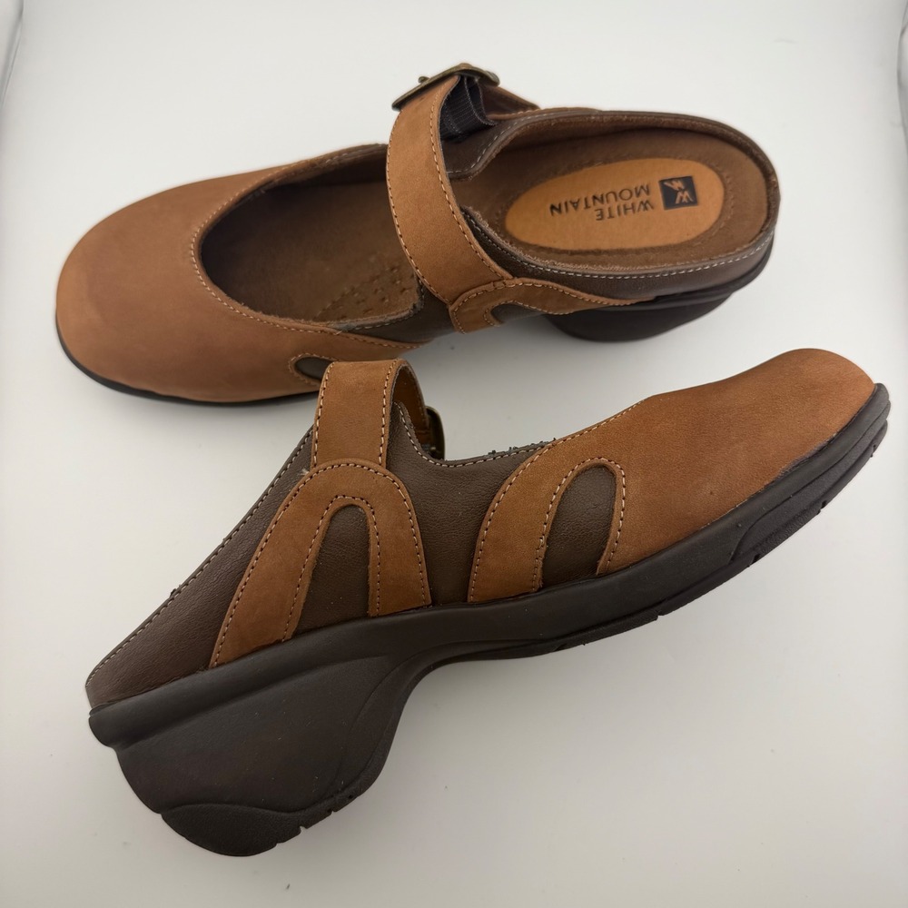 White Mountain Mary Jane Mules Women Size 6M Brown Leather Clogs 2.5" Wedge - Picture 2 of 9